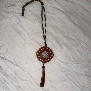 Three Bird Nest Brown Leather Tassel Necklace with Stone Pendant